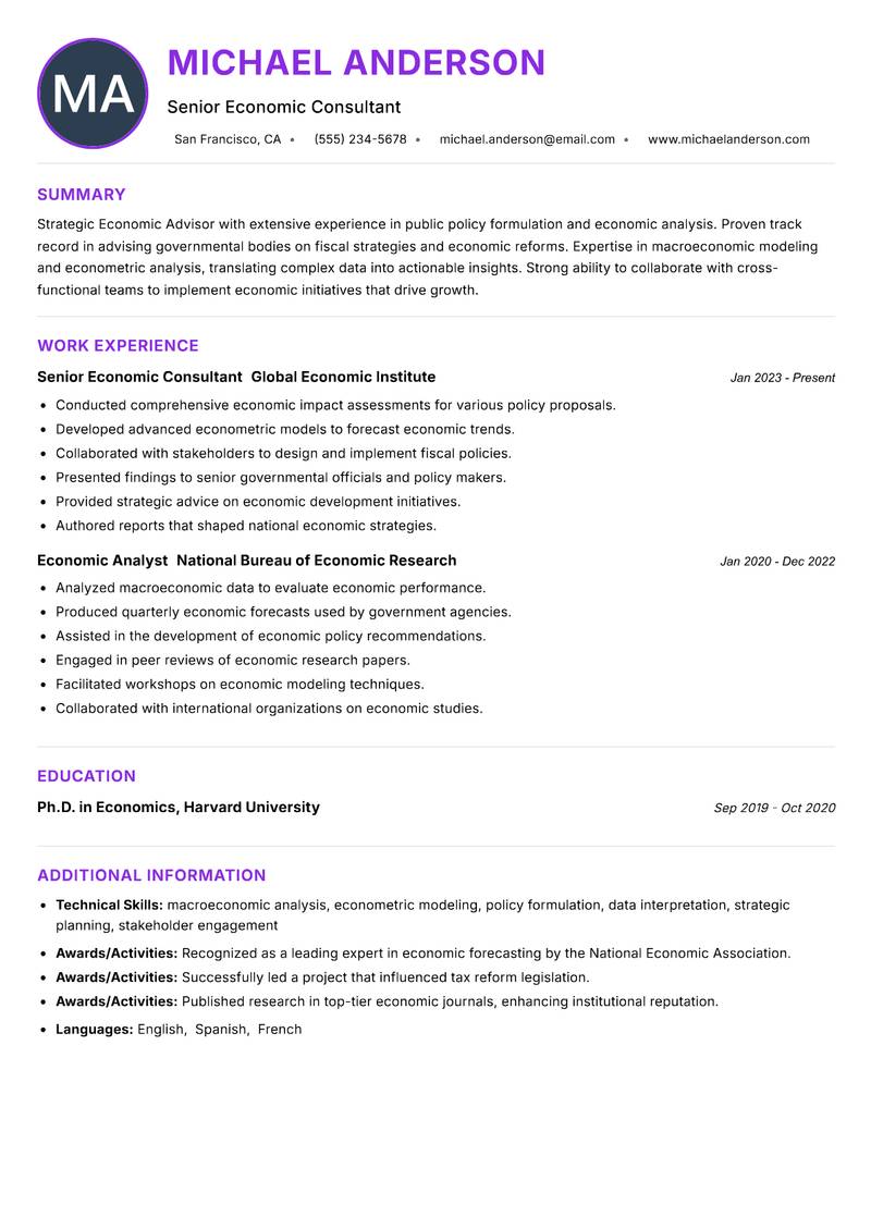 Economic Advisor Resume Preview Example