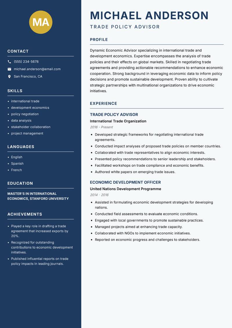 Economic Advisor Resume Preview Example