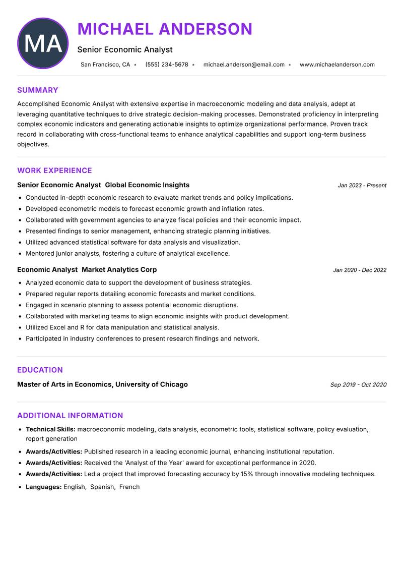Economic Analyst Resume Preview Example