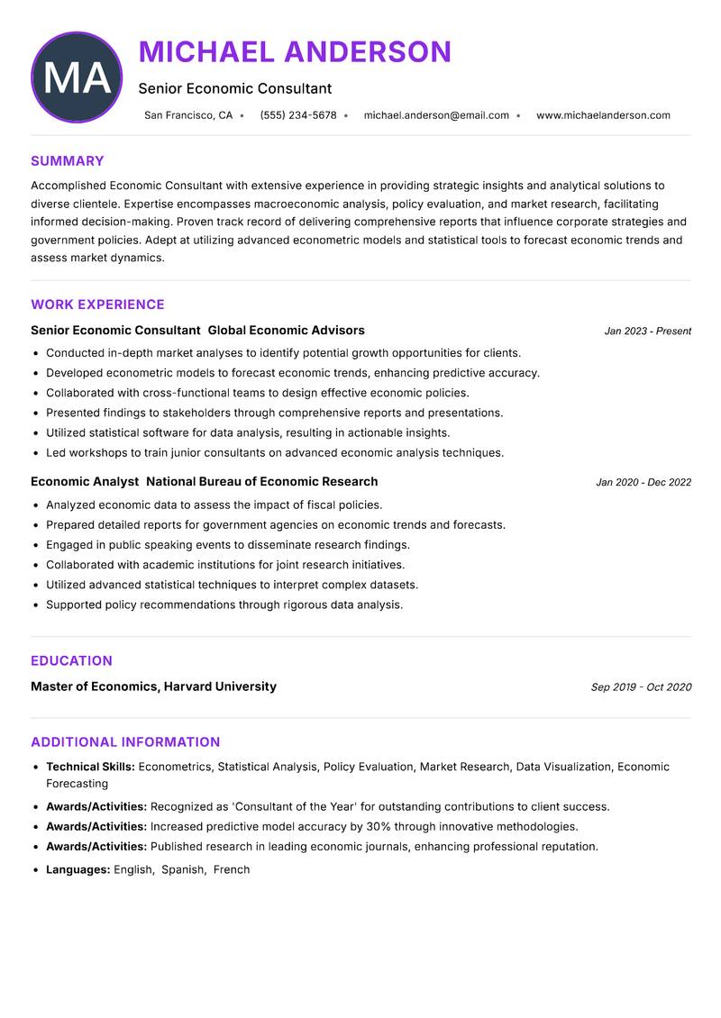 Economic Consultant Resume Preview Example