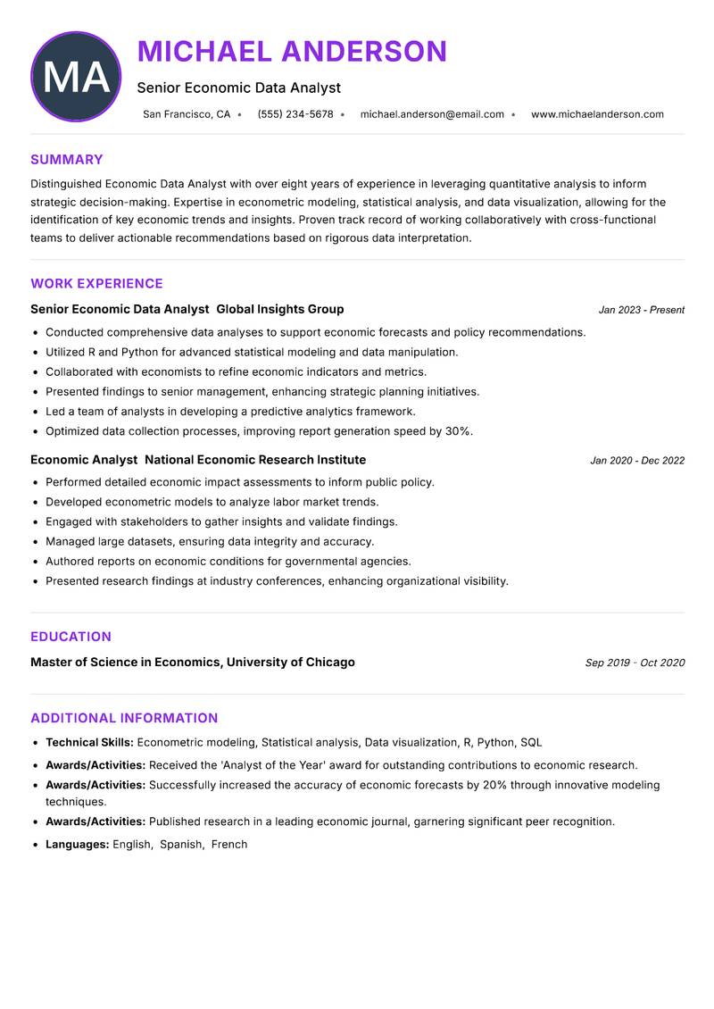 Economic Data Analyst Resume Preview Example