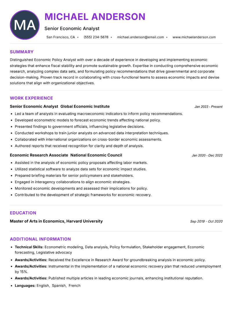 Economic Policy Analyst Resume Preview Example