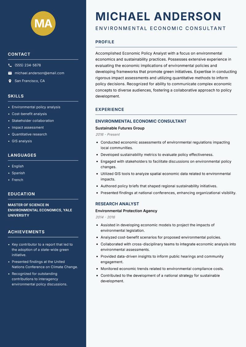 Economic Policy Analyst Resume Preview Example