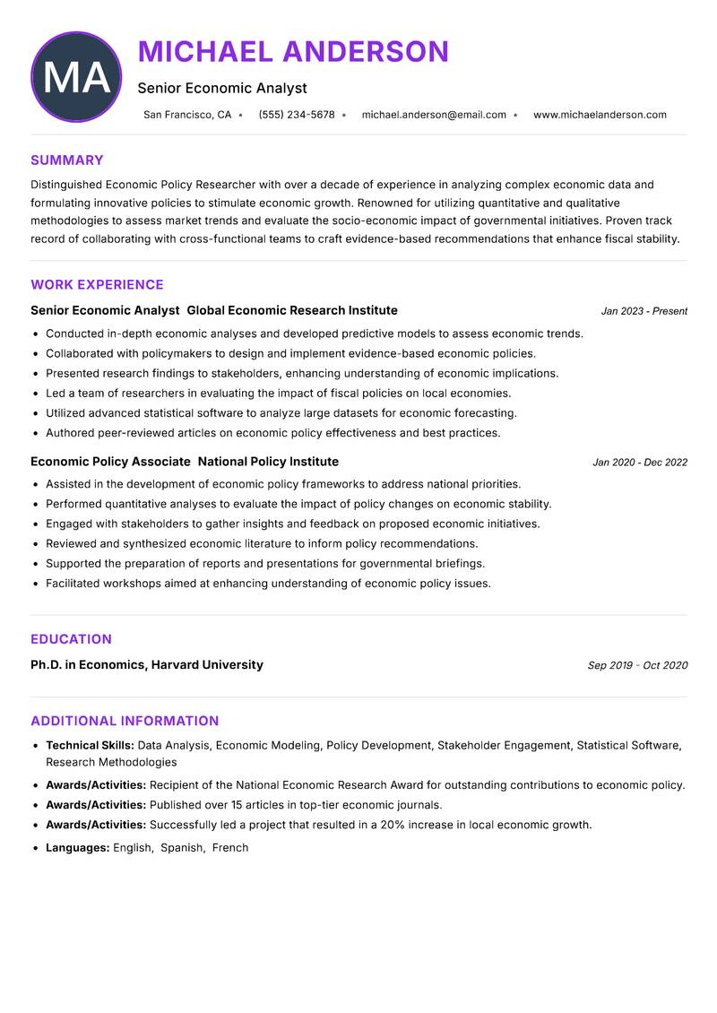 Economic Policy Researcher Resume Preview Example