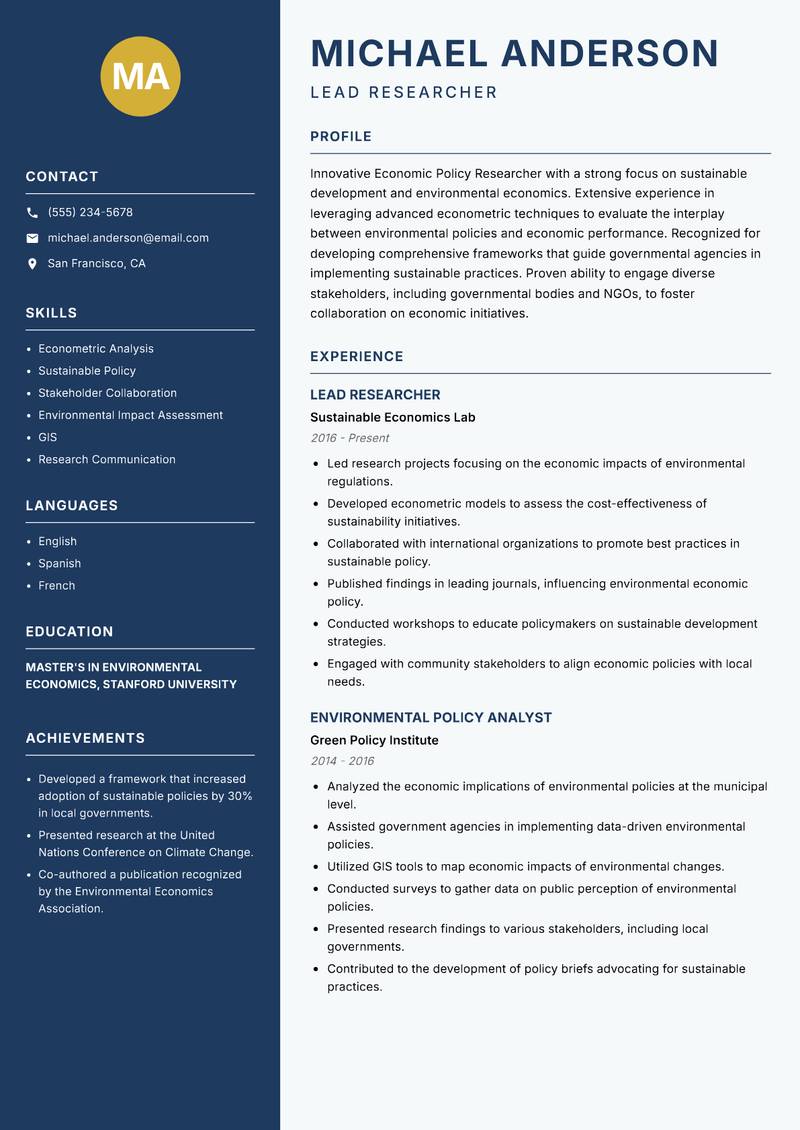Economic Policy Researcher Resume Preview Example