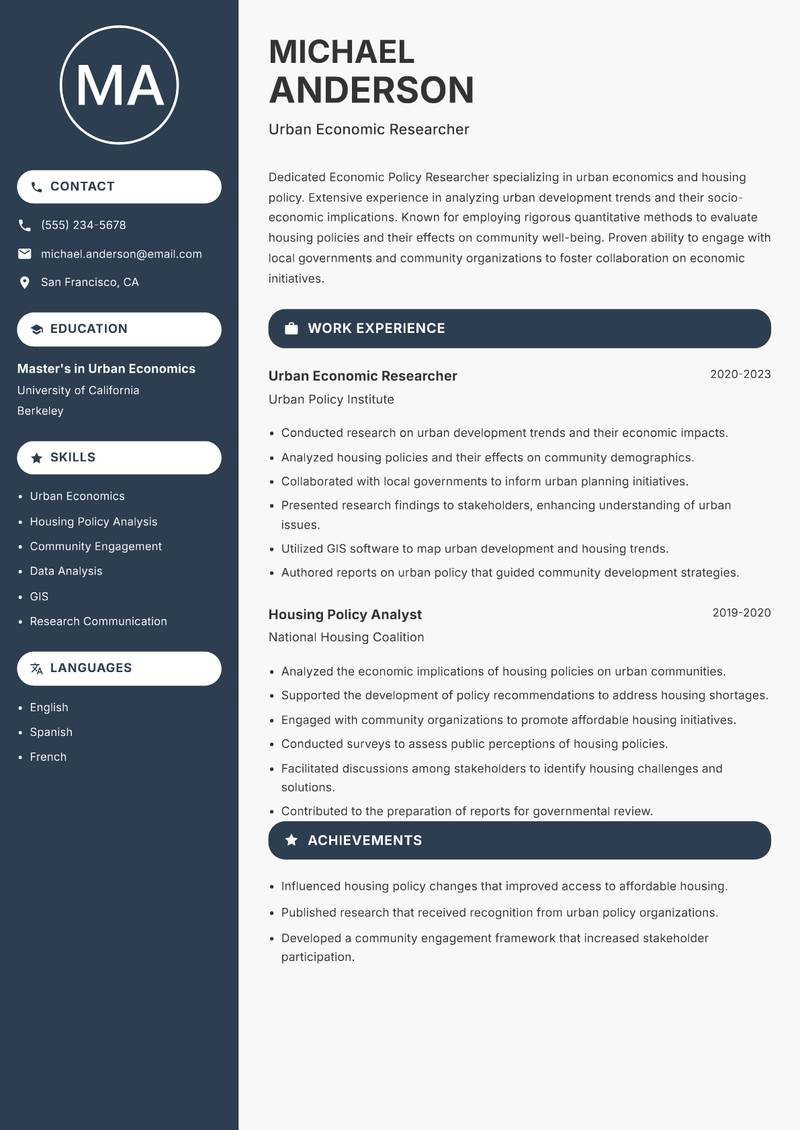 Economic Policy Researcher Resume Preview Example