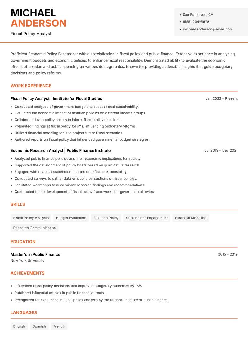 Economic Policy Researcher Resume Template