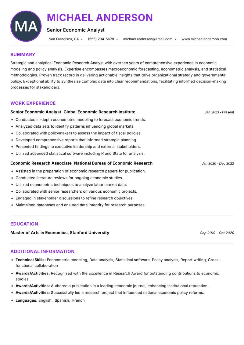 Economic Research Analyst Resume Preview Example