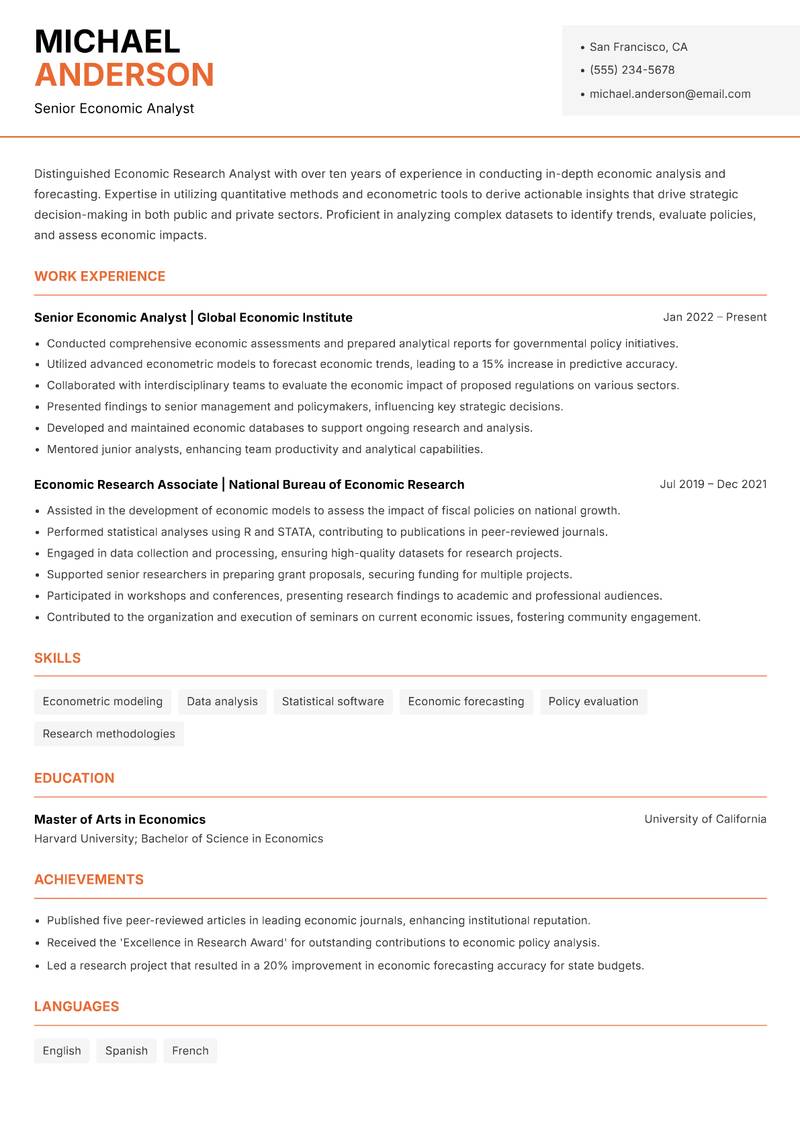 Economic Research Analyst Resume Template