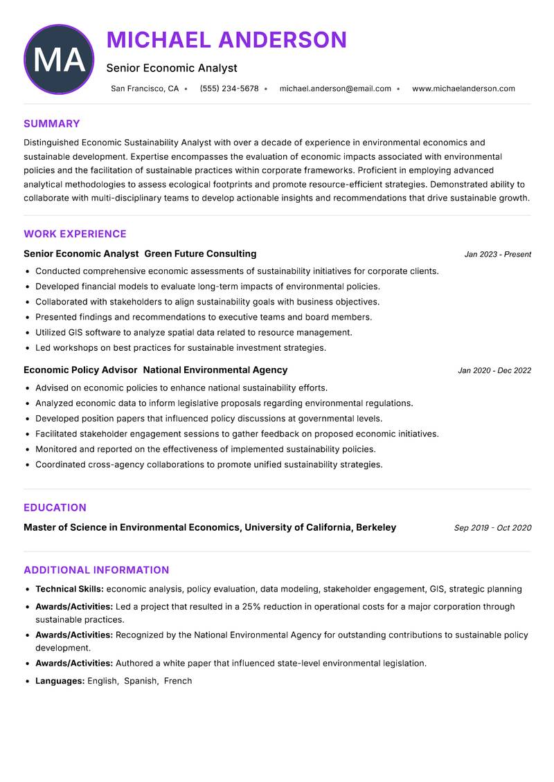 Economic Sustainability Analyst Resume Preview Example