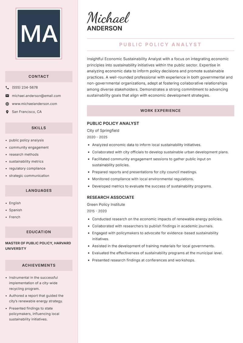 Economic Sustainability Analyst Resume Preview Example