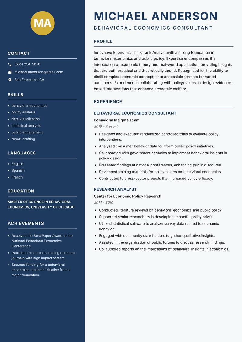 Economic Think Tank Analyst Resume Preview Example