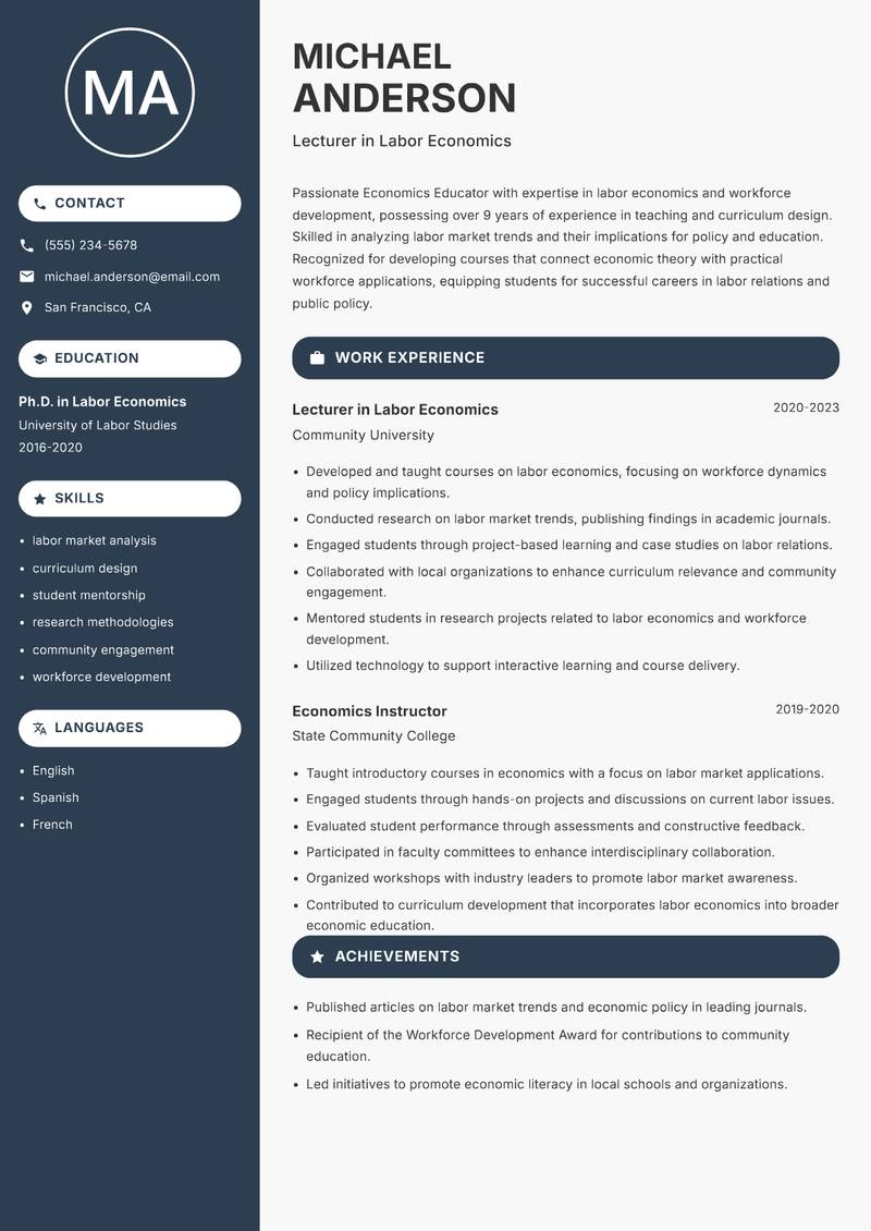 Economics Educator Resume Preview Example