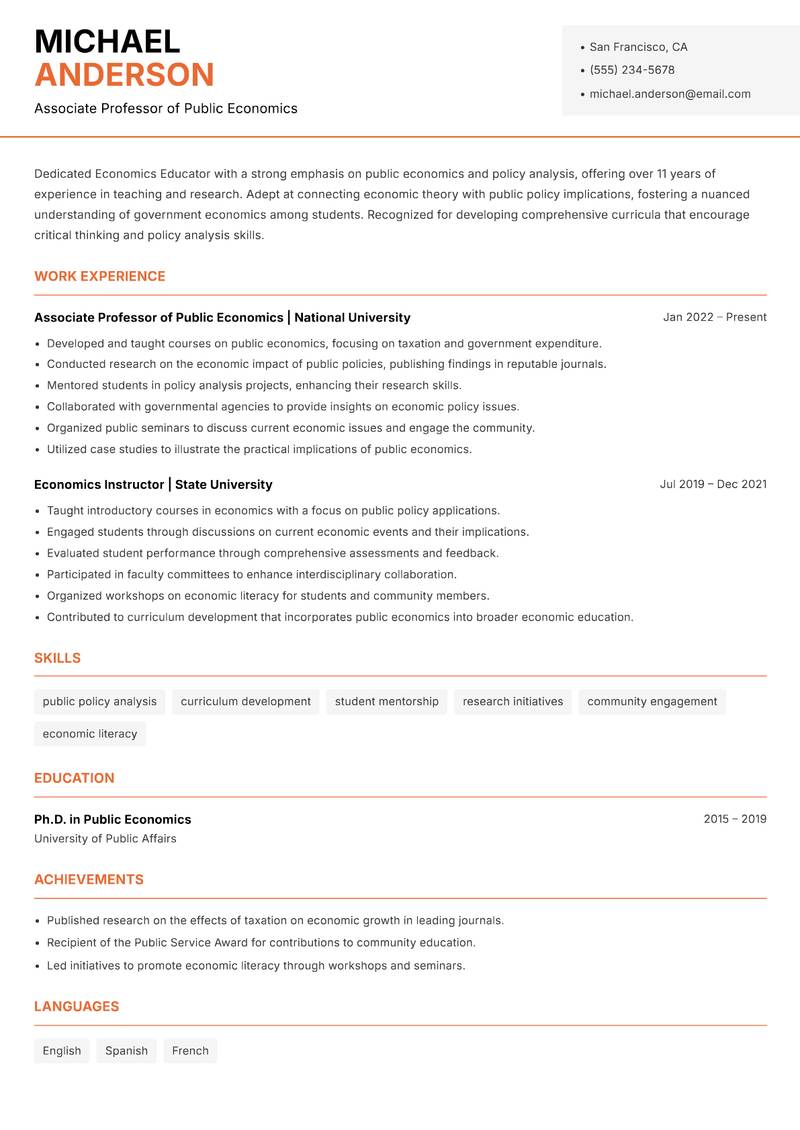 Economics Educator Resume Template