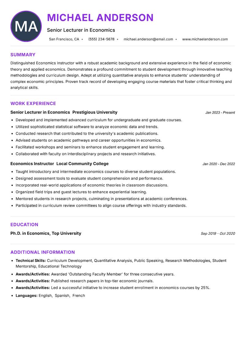 Economics Instructor Resume Preview Example