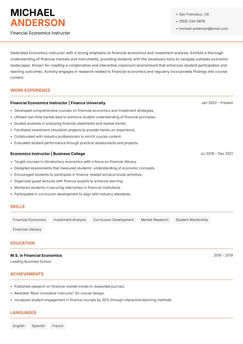 Economics Instructor Resume Template
