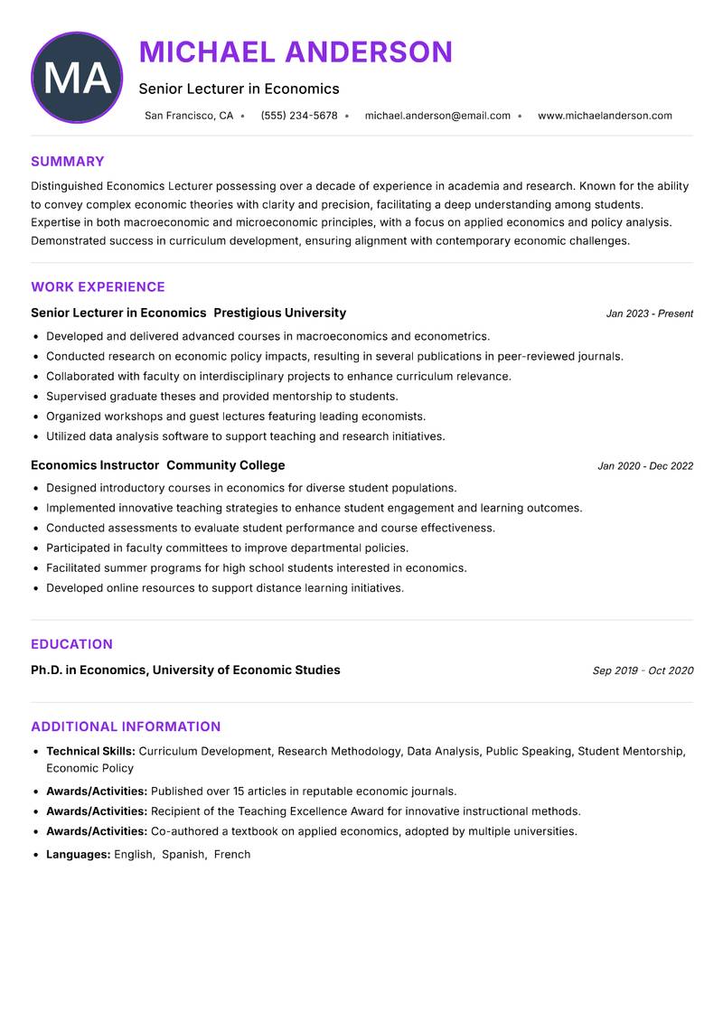 Economics Lecturer Resume Preview Example