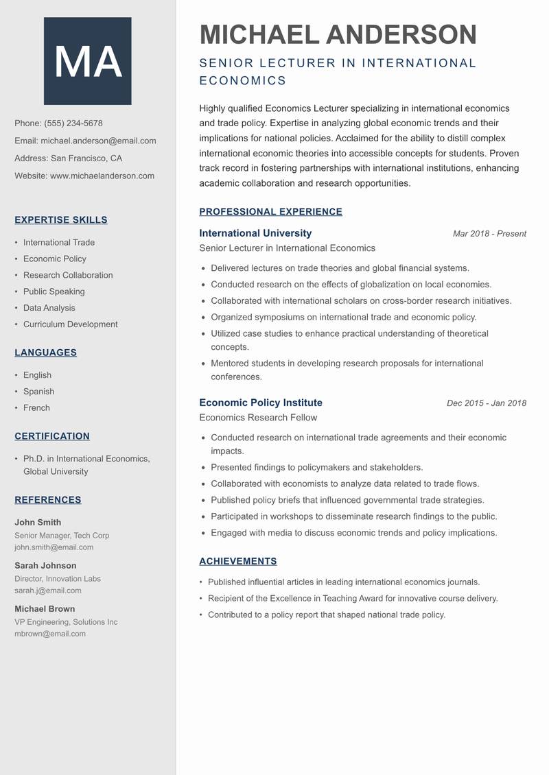 Economics Lecturer Resume Preview Example