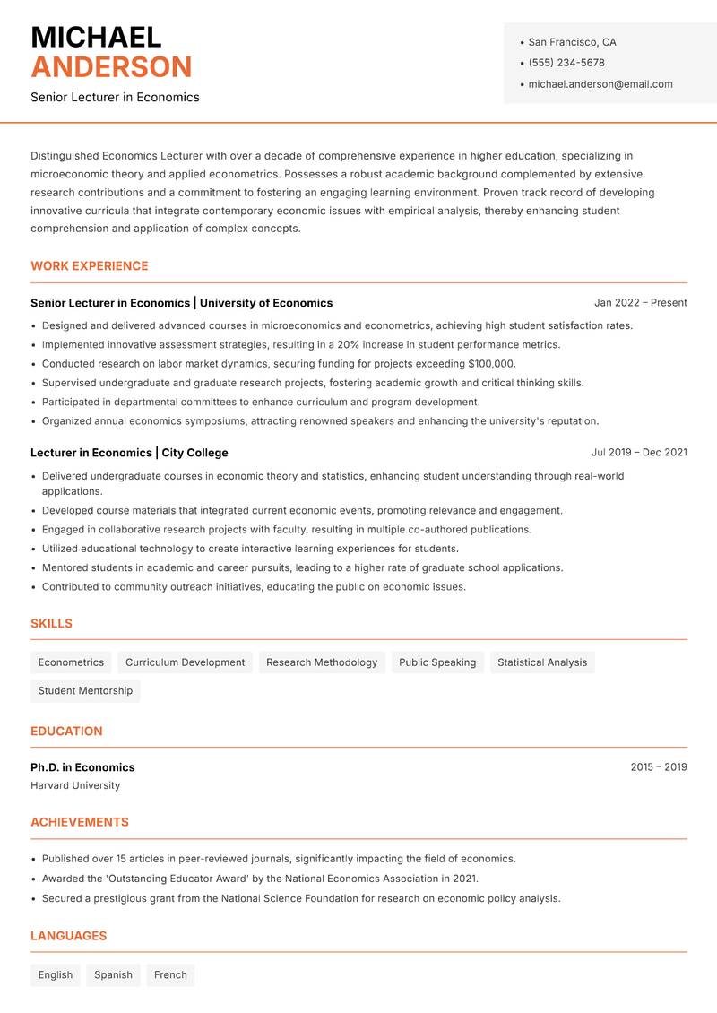 Economics Lecturer Resume Template