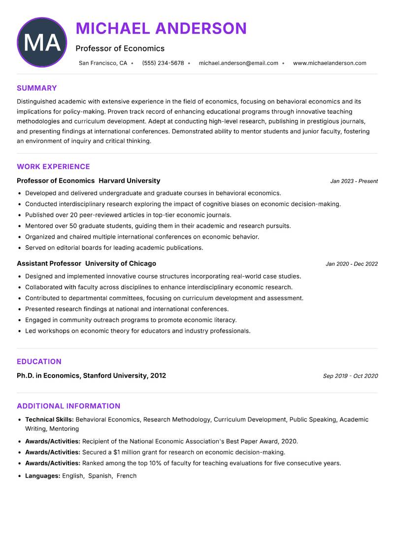 Economics Professor Resume Preview Example
