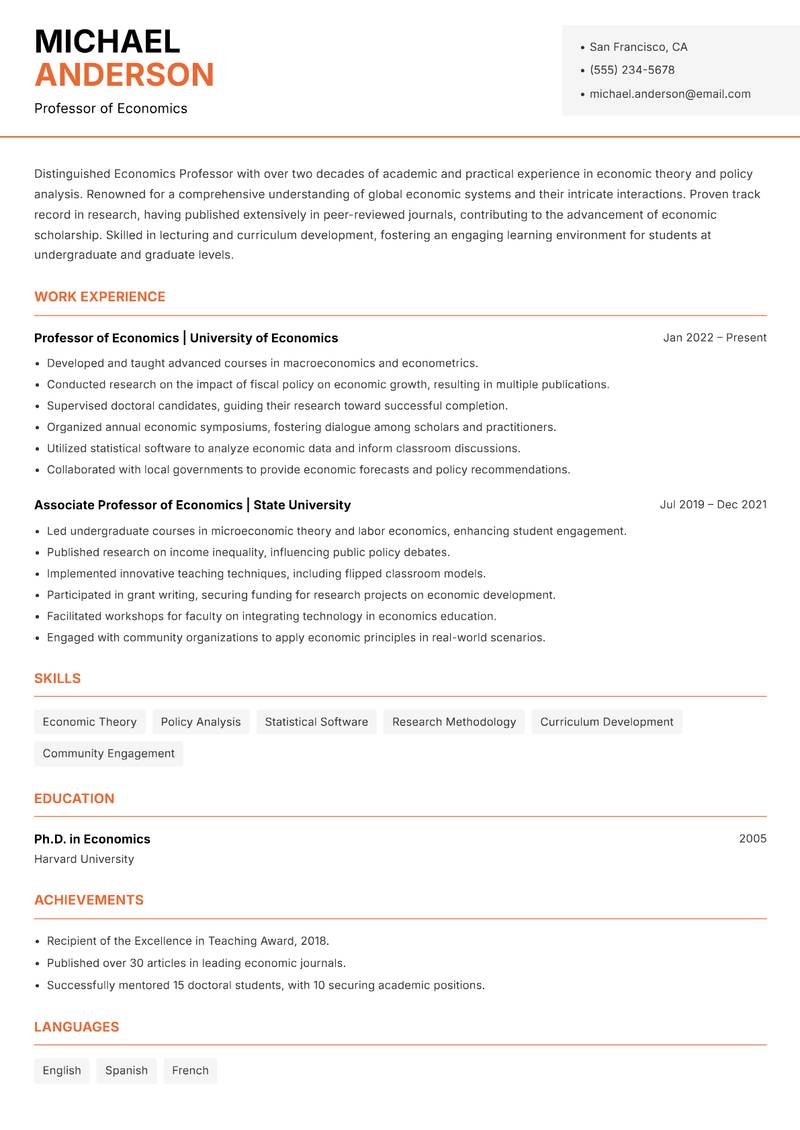 Economics Professor Resume Template
