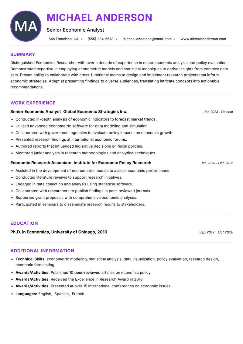 Economics Researcher Resume Preview Example