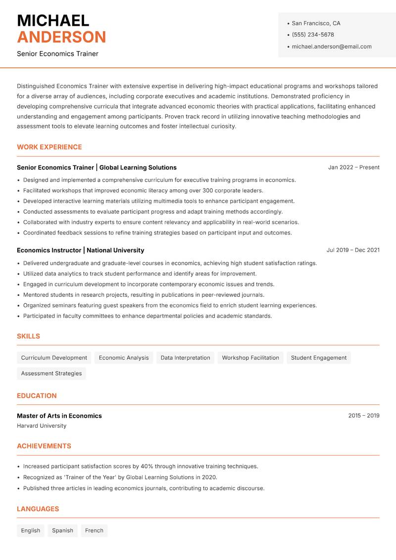 Economics Trainer Resume Template