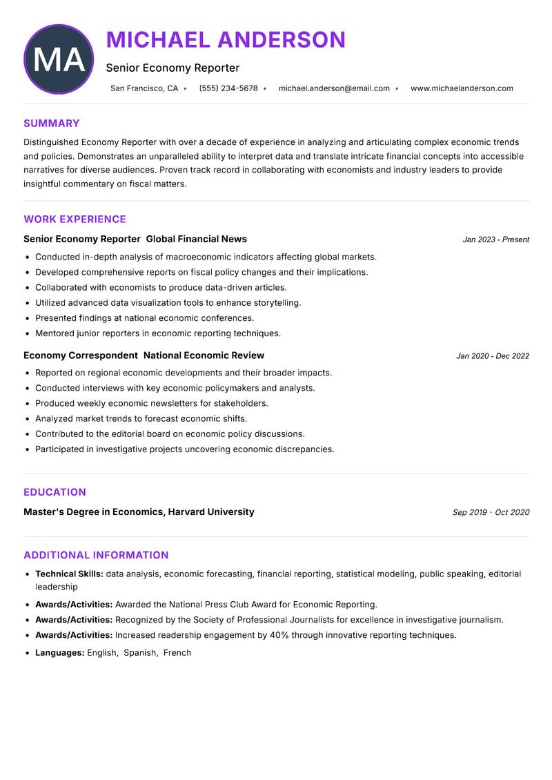 Economy Reporter Resume Preview Example