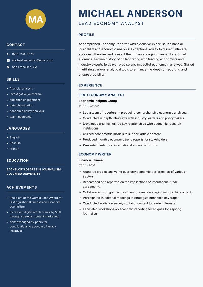 Economy Reporter Resume Preview Example