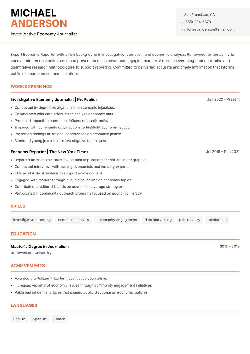 Economy Reporter Resume Template