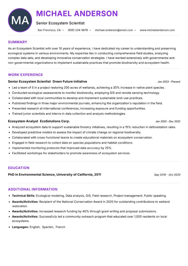 Ecosystem Scientist Resume Preview Example