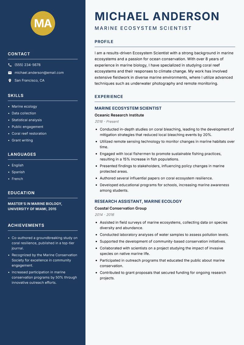 Ecosystem Scientist Resume Preview Example