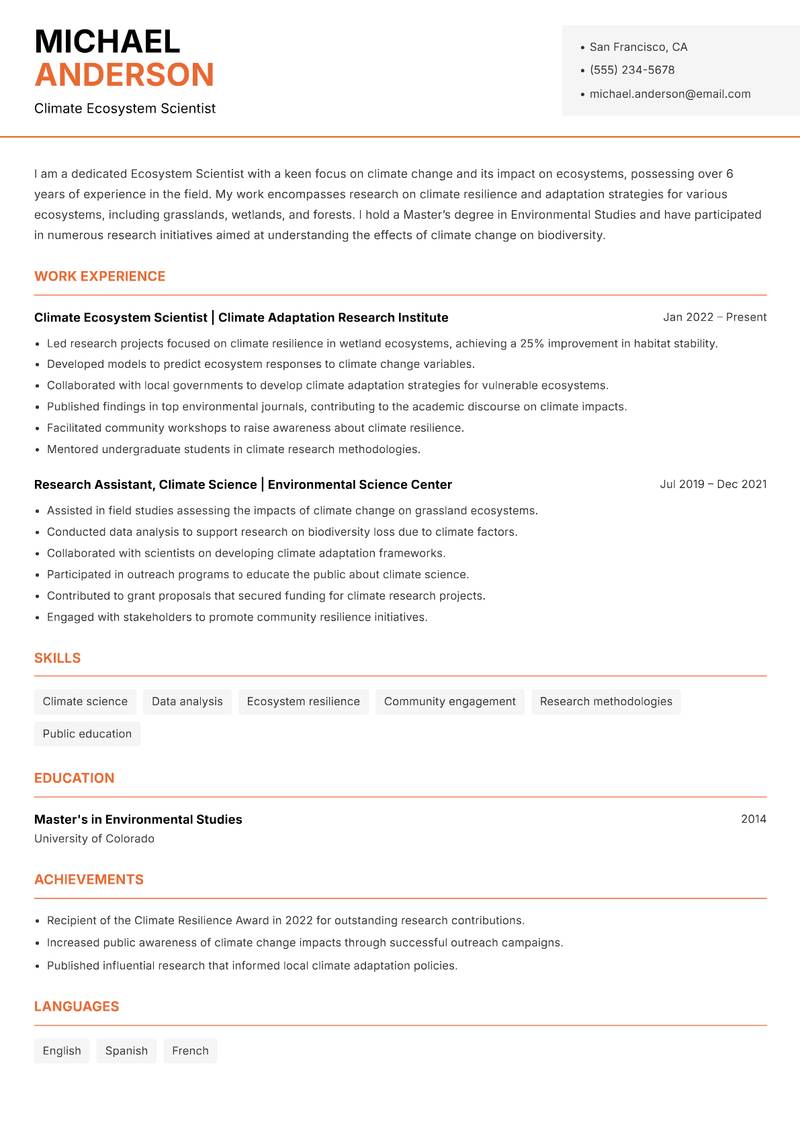 Ecosystem Scientist Resume Template