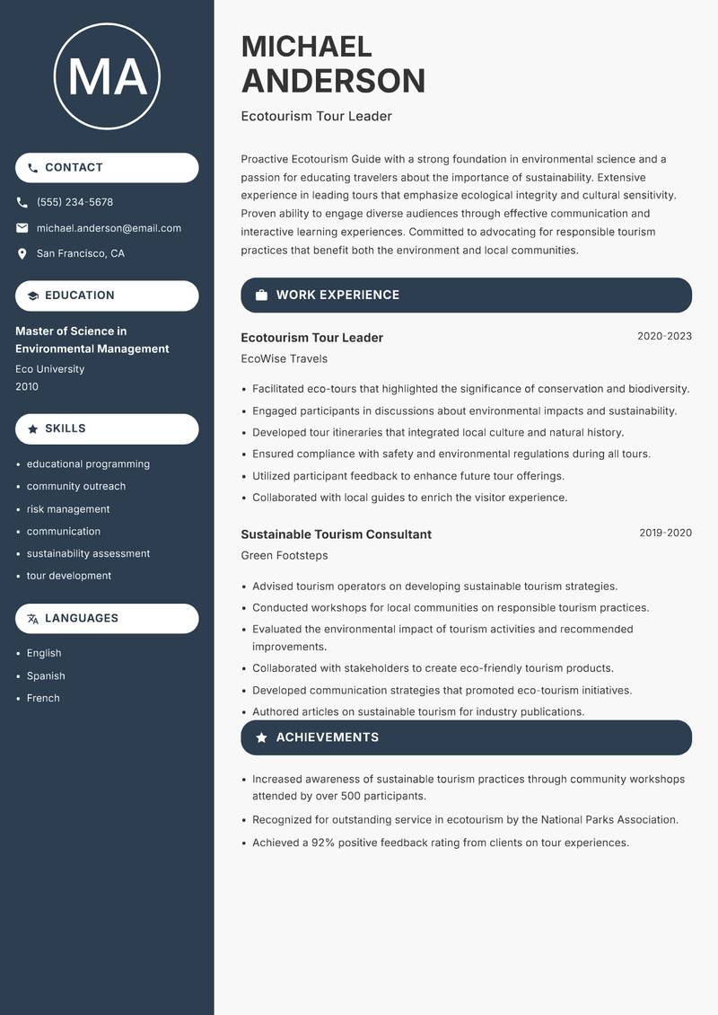 Ecotourism Guide Resume Preview Example