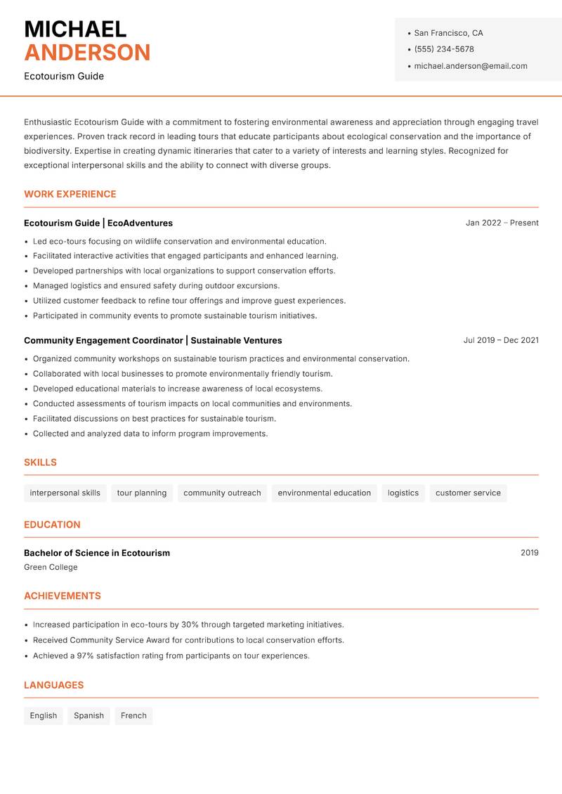 Ecotourism Guide Resume Template