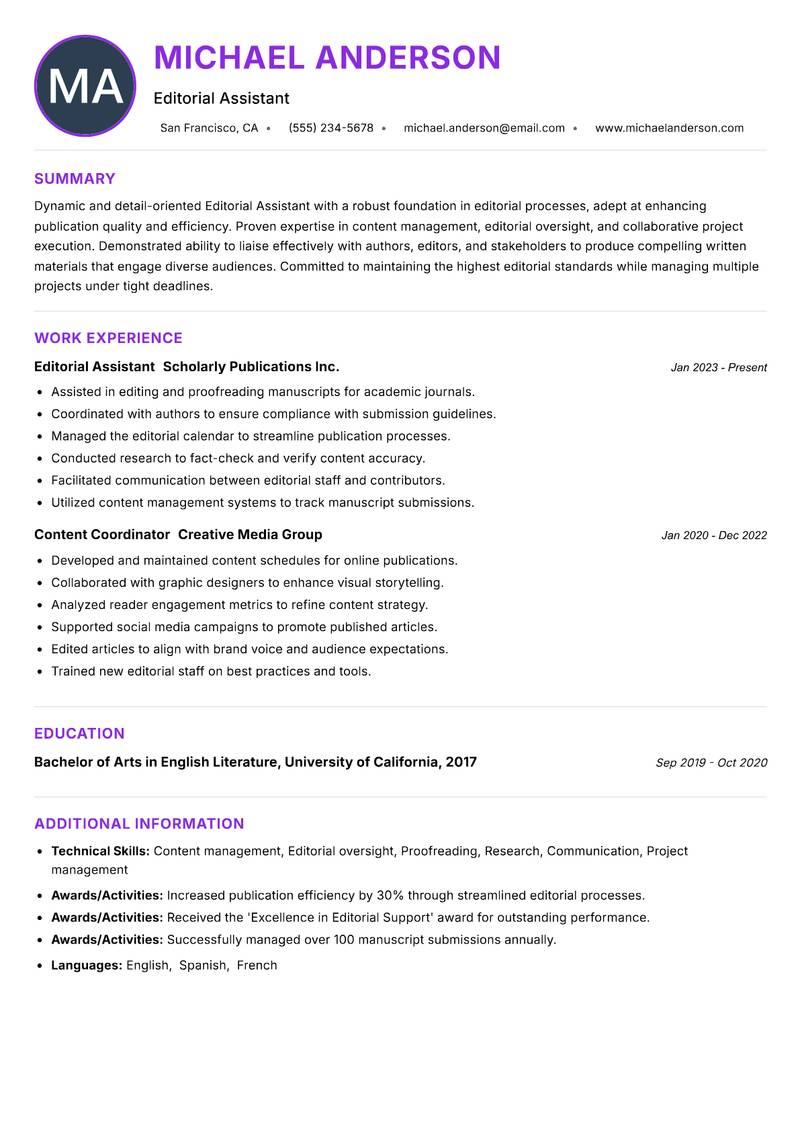 Editorial Assistant Resume Preview Example