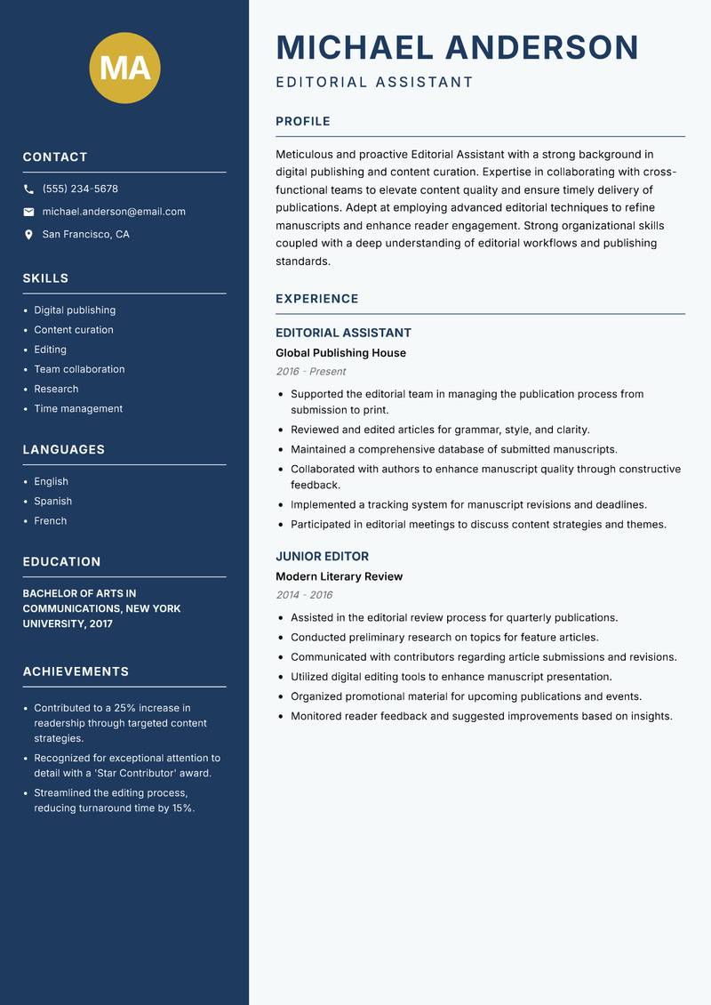 Editorial Assistant Resume Preview Example