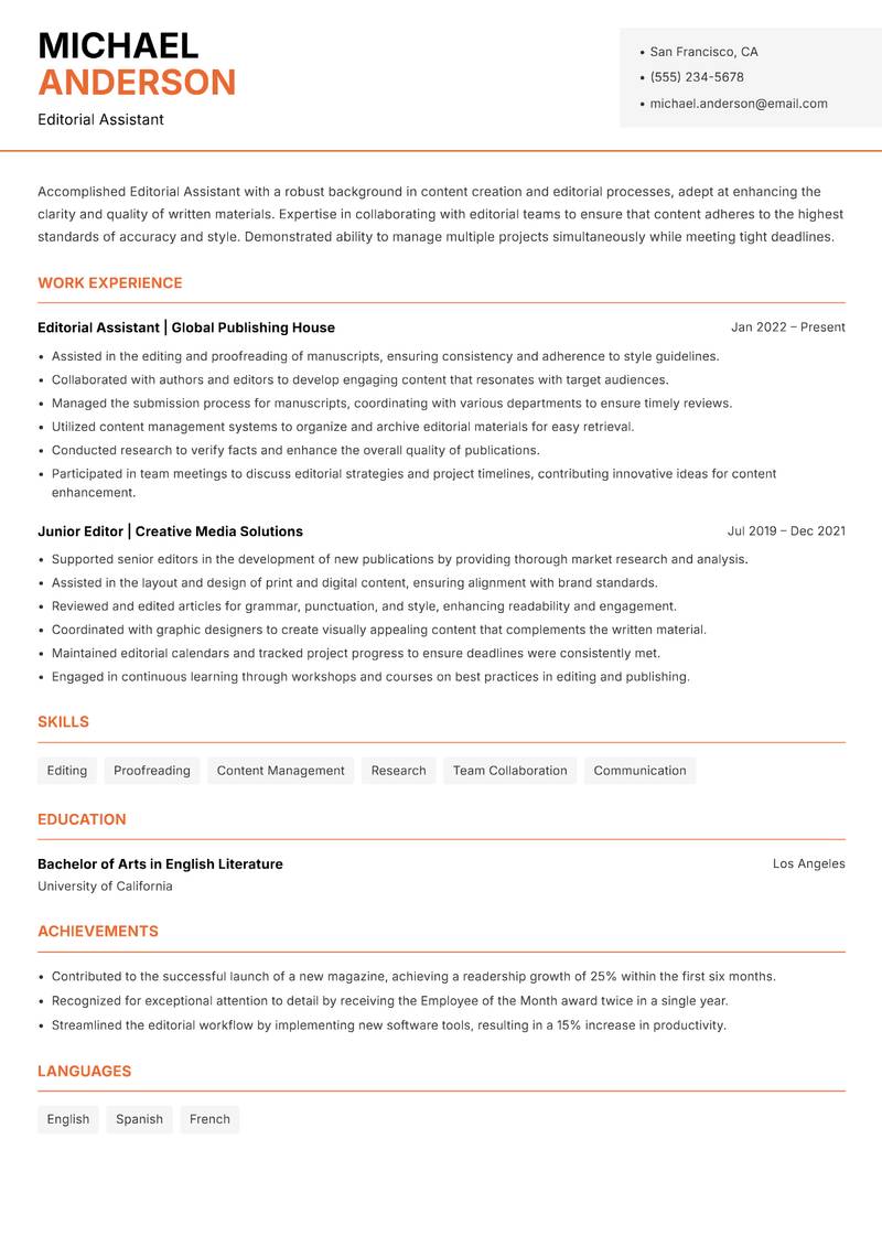 Editorial Assistant Resume Template