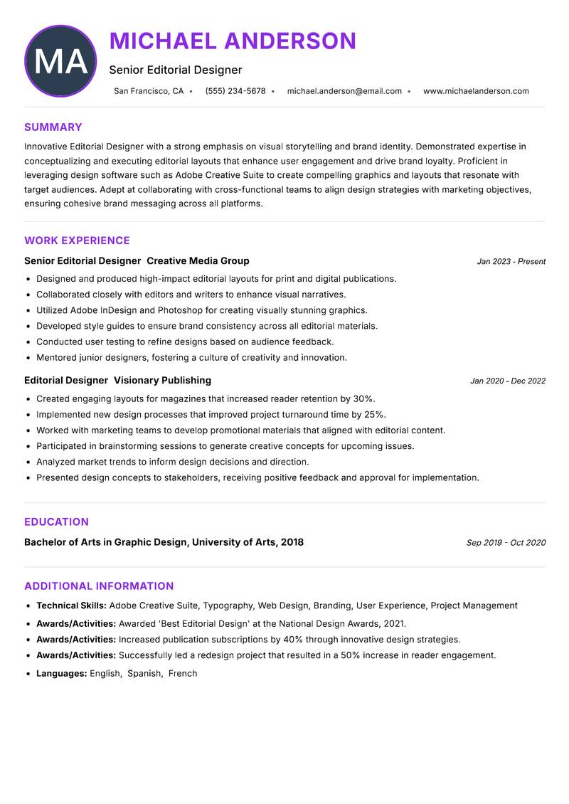 Editorial Designer Resume Preview Example