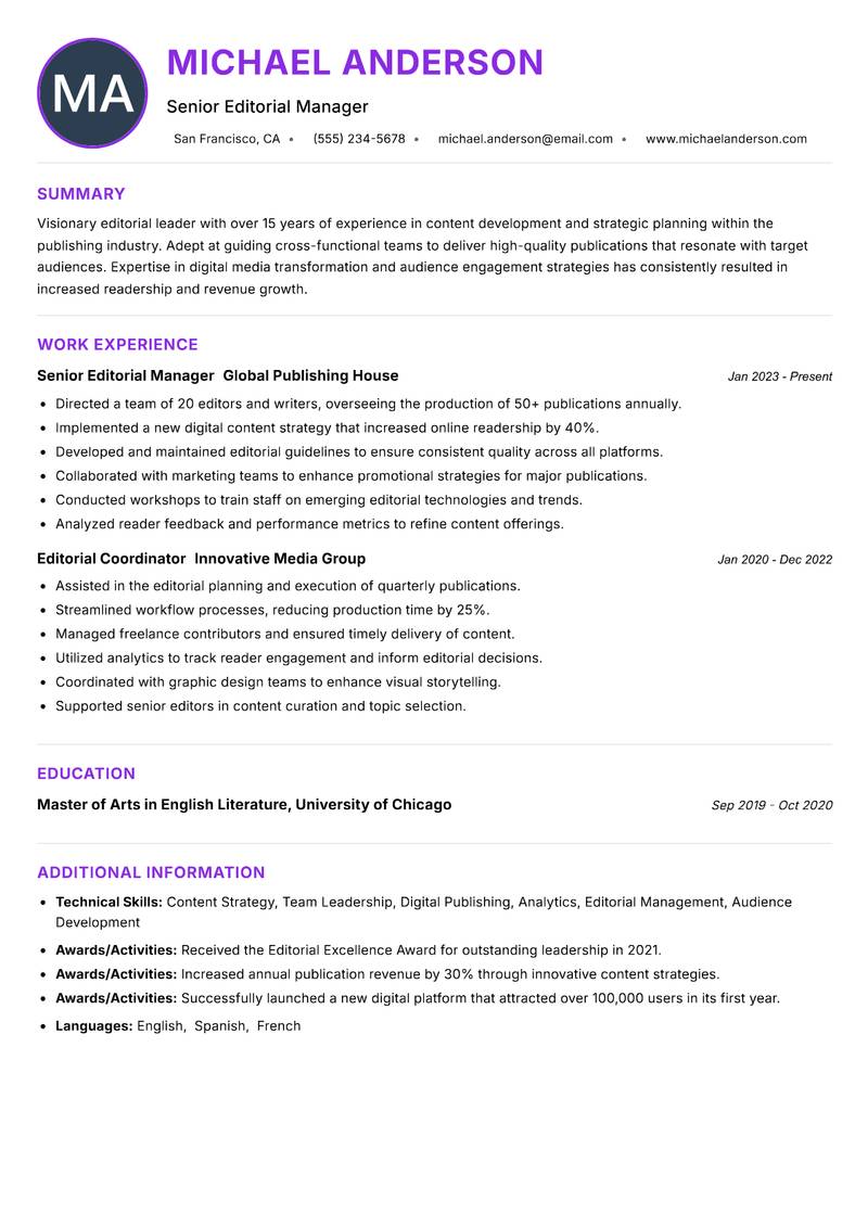 Editorial Director Resume Preview Example