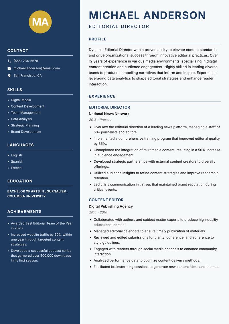 Editorial Director Resume Preview Example