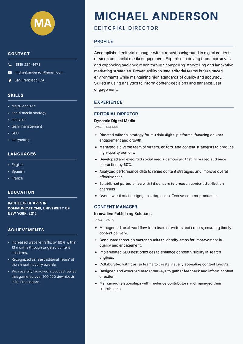 Editorial Manager Resume Preview Example