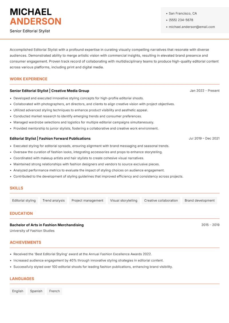 Editorial Stylist Resume Template