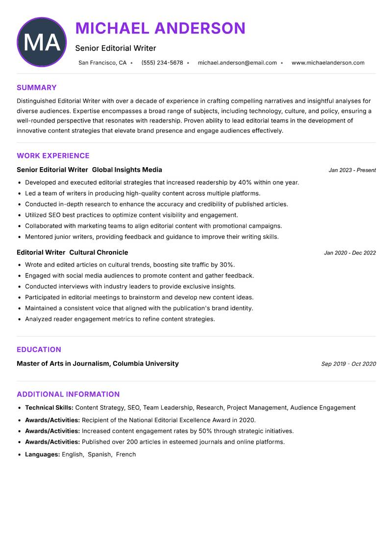 Editorial Writer Resume Preview Example