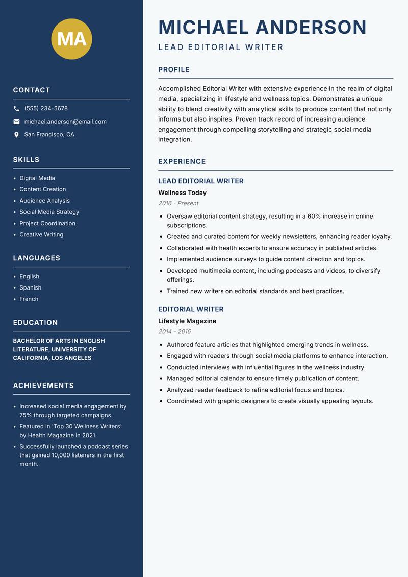 Editorial Writer Resume Preview Example