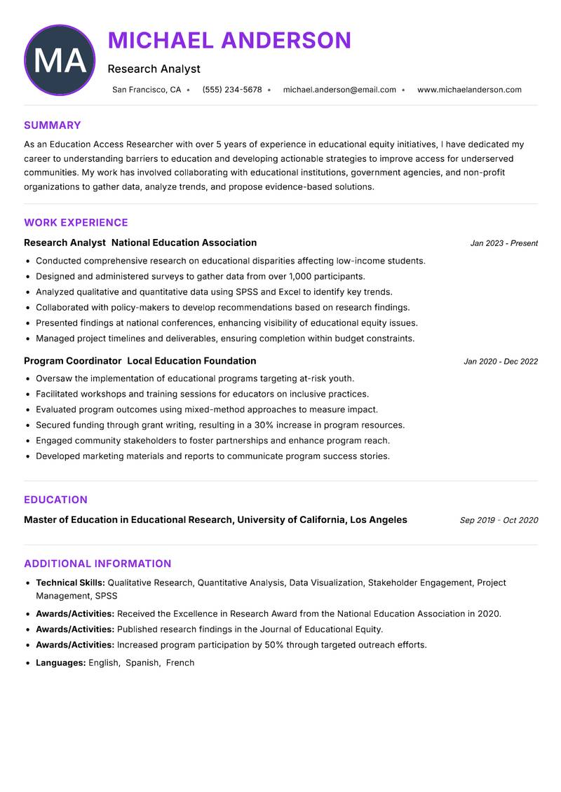 Education Access Researcher Resume Preview Example