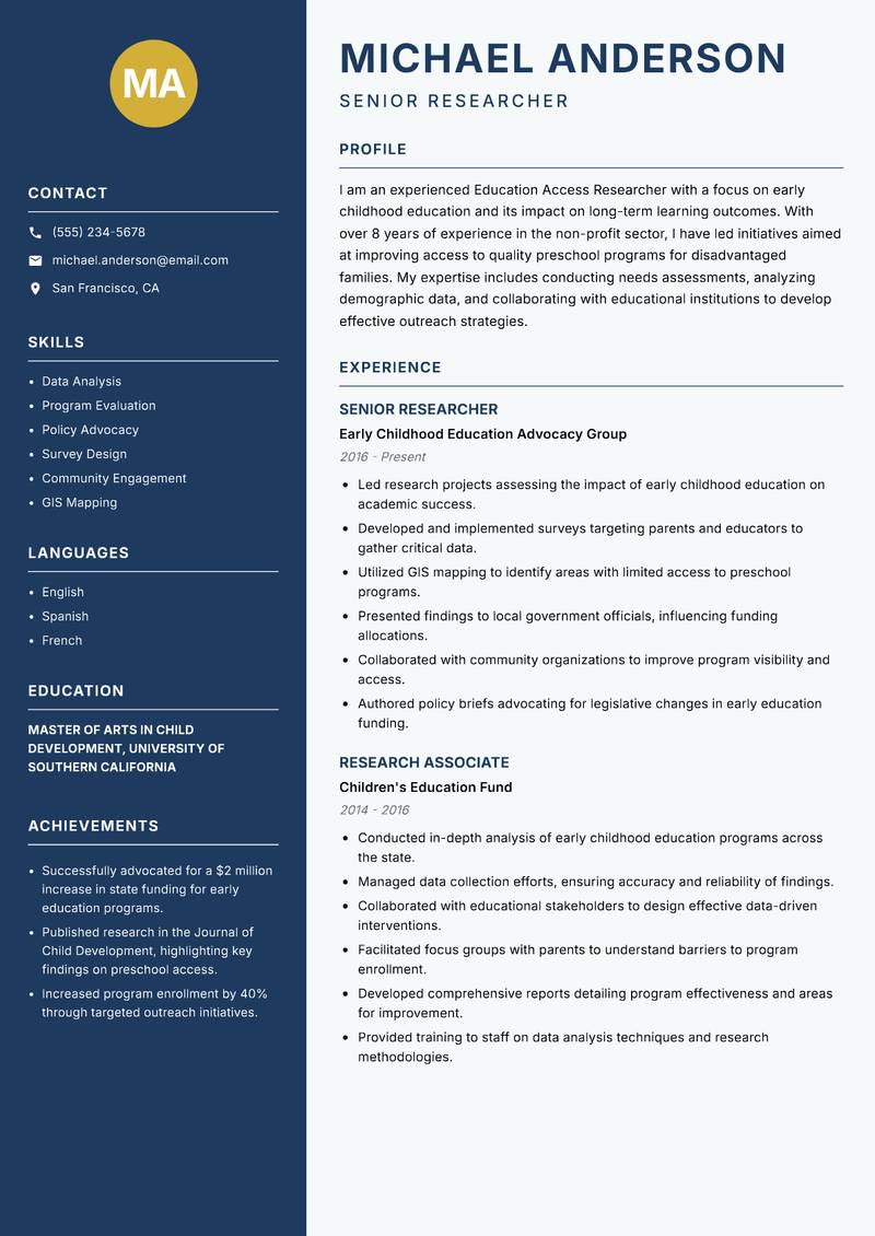 Education Access Researcher Resume Preview Example