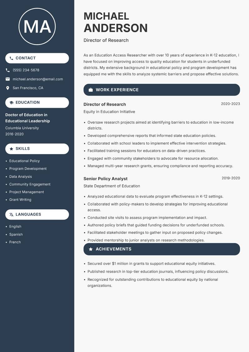 Education Access Researcher Resume Preview Example