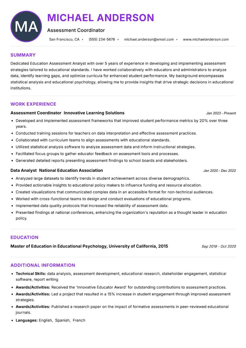 Education Assessment Analyst Resume Preview Example