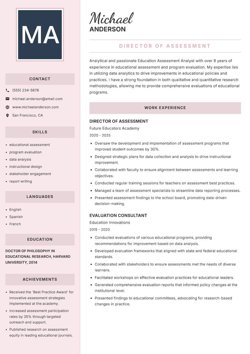 Education Assessment Analyst Resume Preview Example